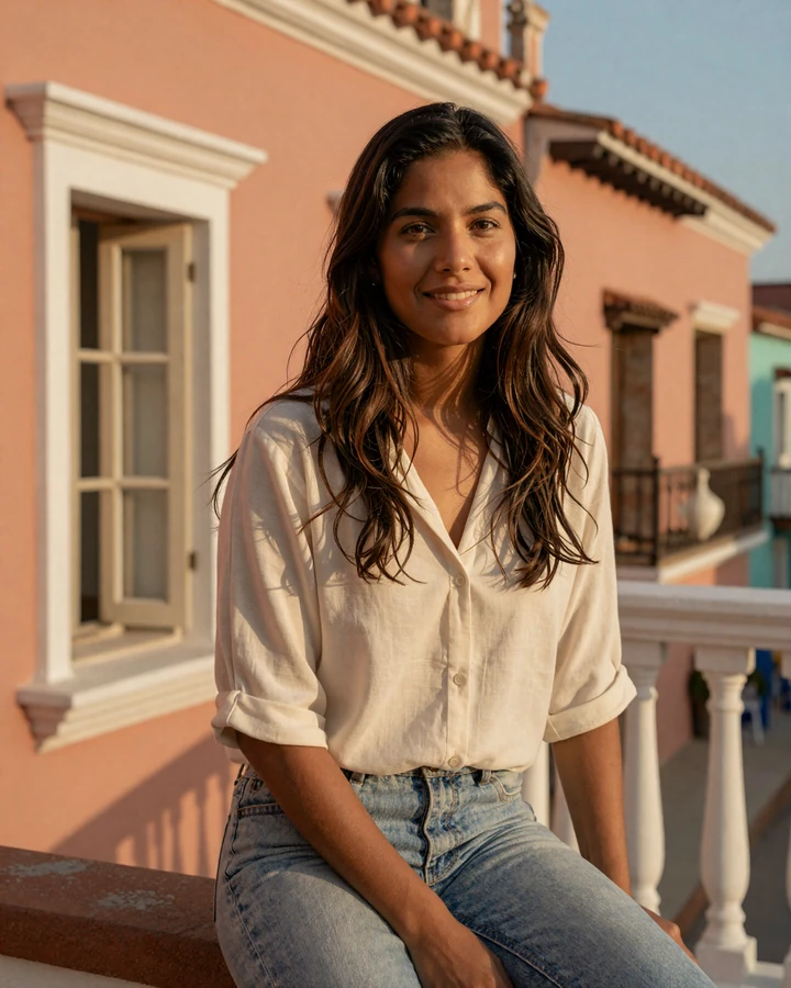 Smiling Latina woman in casual cream blouse on a sunlit Cartagena balcony - illustrative stock image representing Latidate dating site members