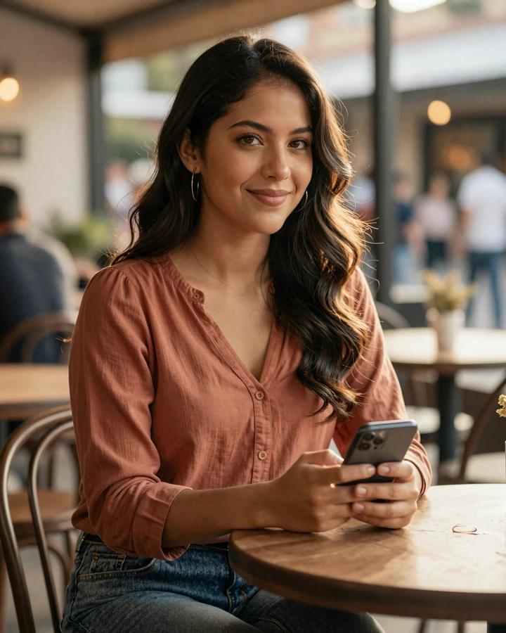 Smiling Latina woman in casual blouse browsing Latidate dating app on smartphone - illustrative image of a typical female member